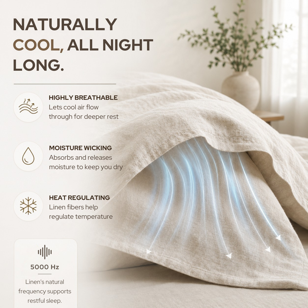 Linen sheets stay naturally cool all night: highly breathable, moisture wicking and heat regulating