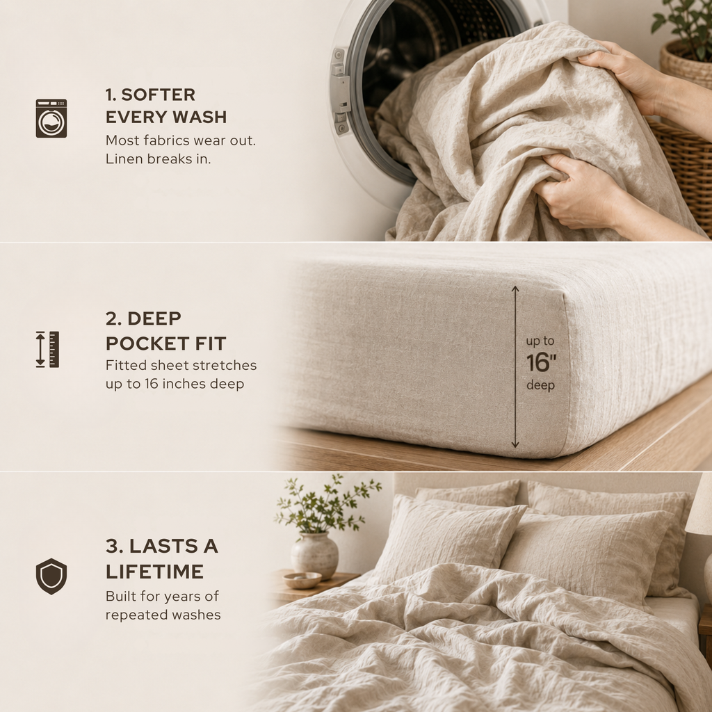 Most fabrics wear out, linen breaks in: softer every wash, deep pocket fit up to 16 inches, lasts a lifetime
