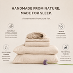 Stonewashed pure flax linen: naturally hypoallergenic, resists dust mites, stays fresh longer, no chemical finishes