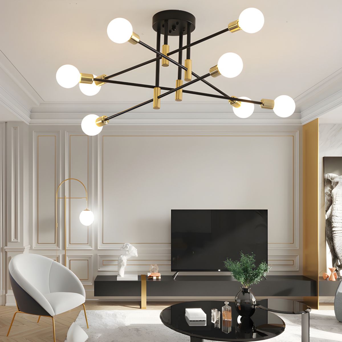 Black and Gold Sputnik Semi-Flush Mount