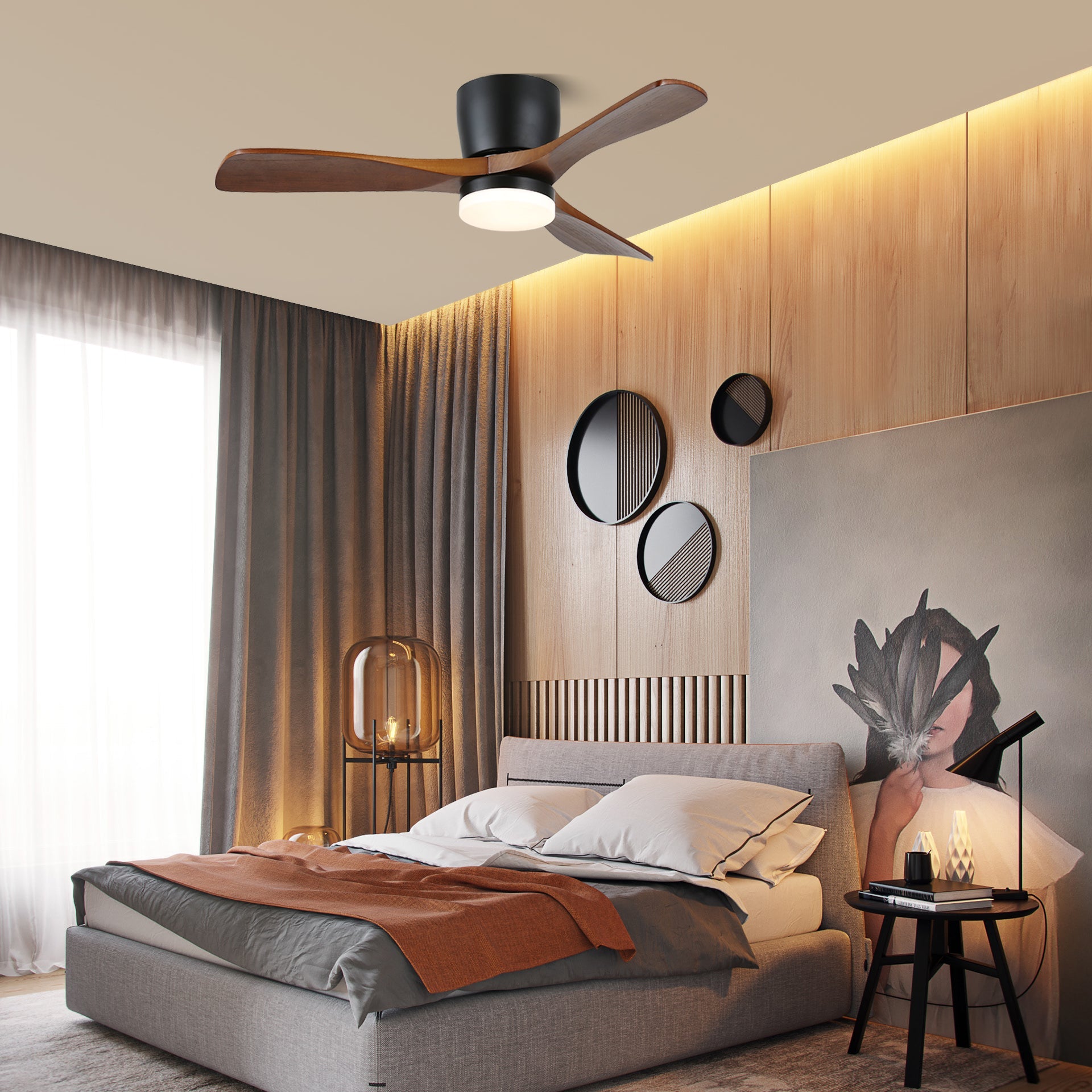 Aerodynamic Sculpted Wood Blade Ceiling Fan Light