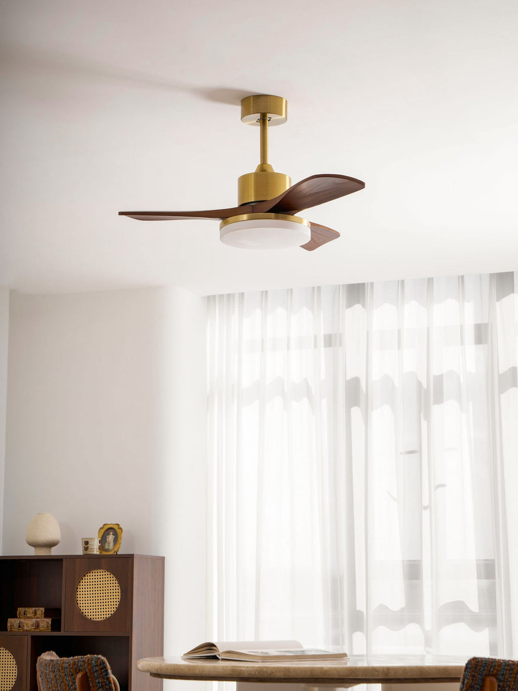 Aurevo Brushed Brass Wood Blade Ceiling Fan Light