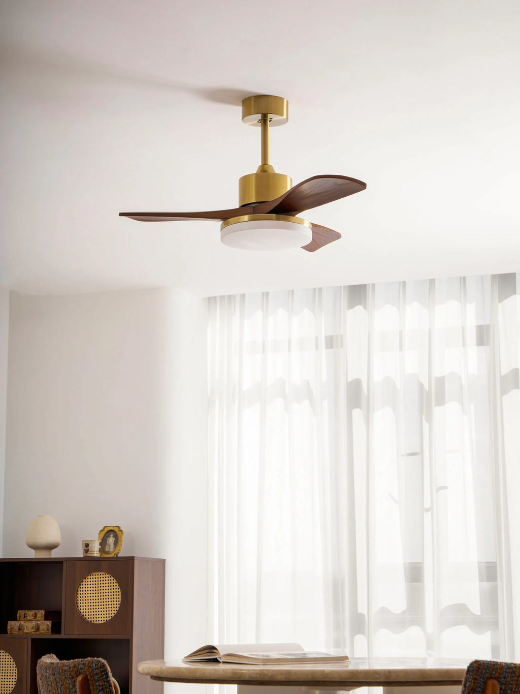 Aurevo Brushed Brass Wood Blade Ceiling Fan Light