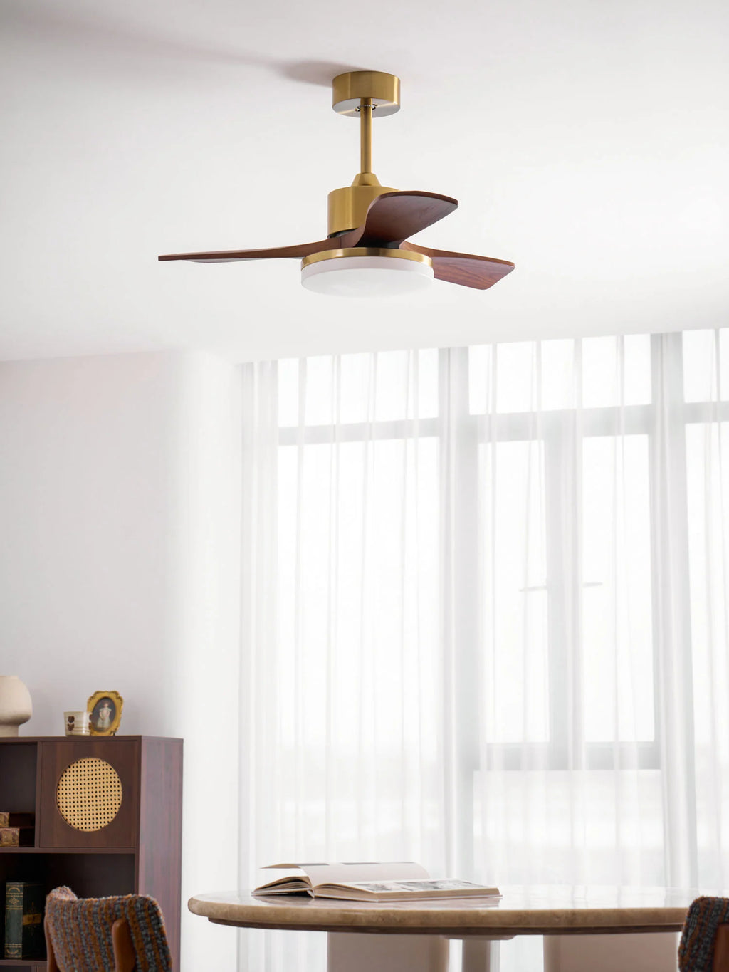 Aurevo Brushed Brass Wood Blade Ceiling Fan Light