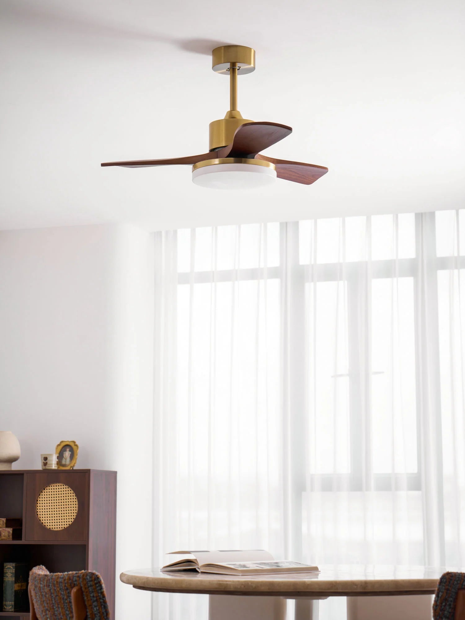 Aurevo Brushed Brass Wood Blade Ceiling Fan Light