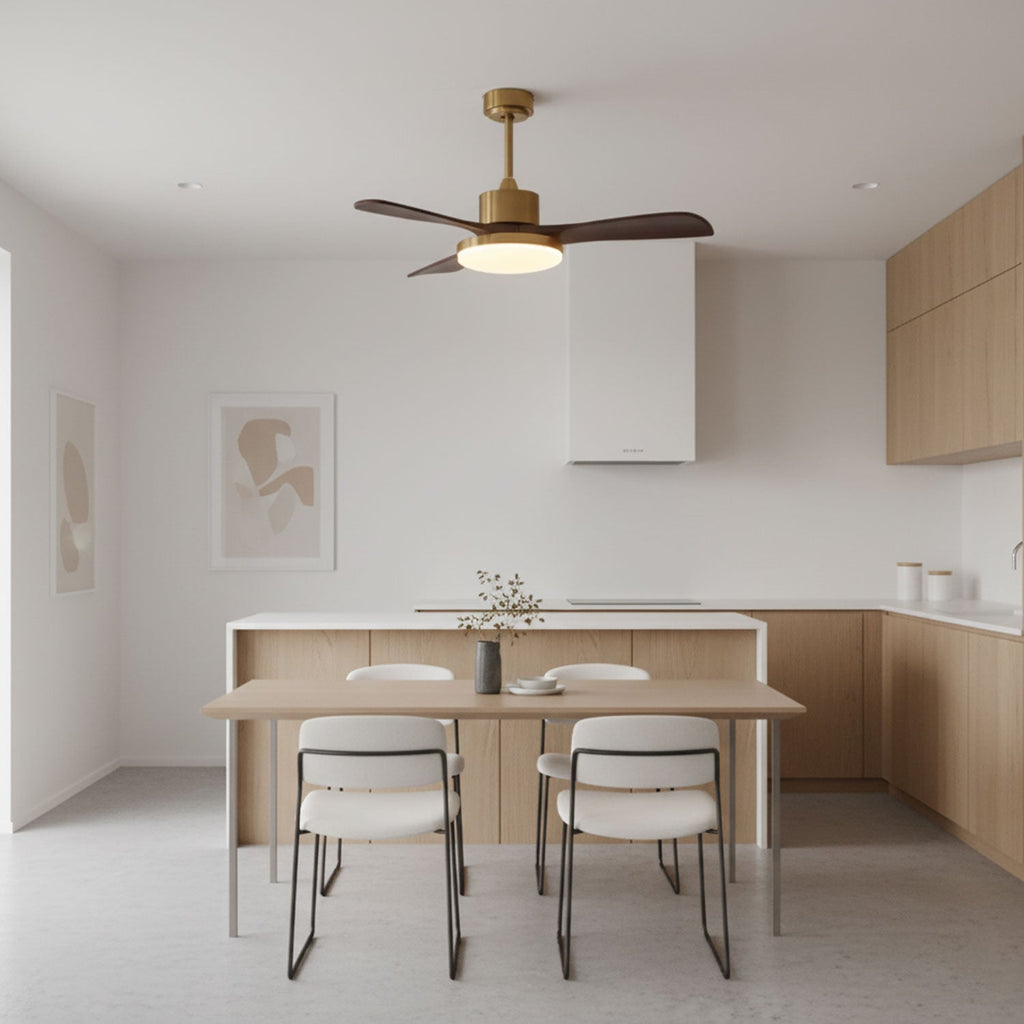 Aurevo Brushed Brass Wood Blade Ceiling Fan Light