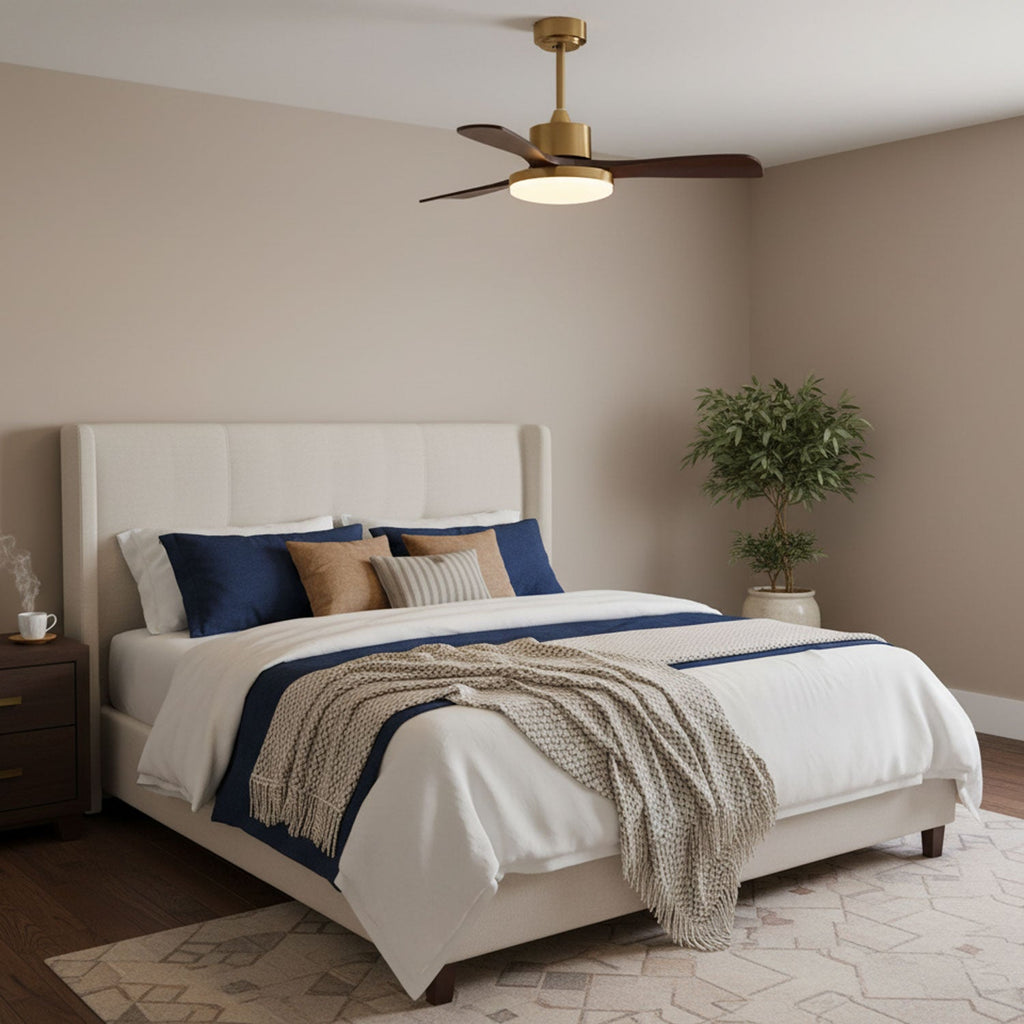 Aurevo Brushed Brass Wood Blade Ceiling Fan Light