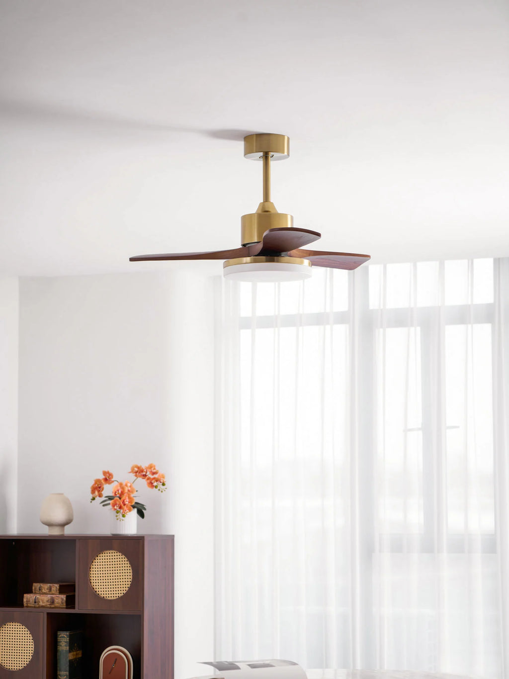 Aurevo Brushed Brass Wood Blade Ceiling Fan Light