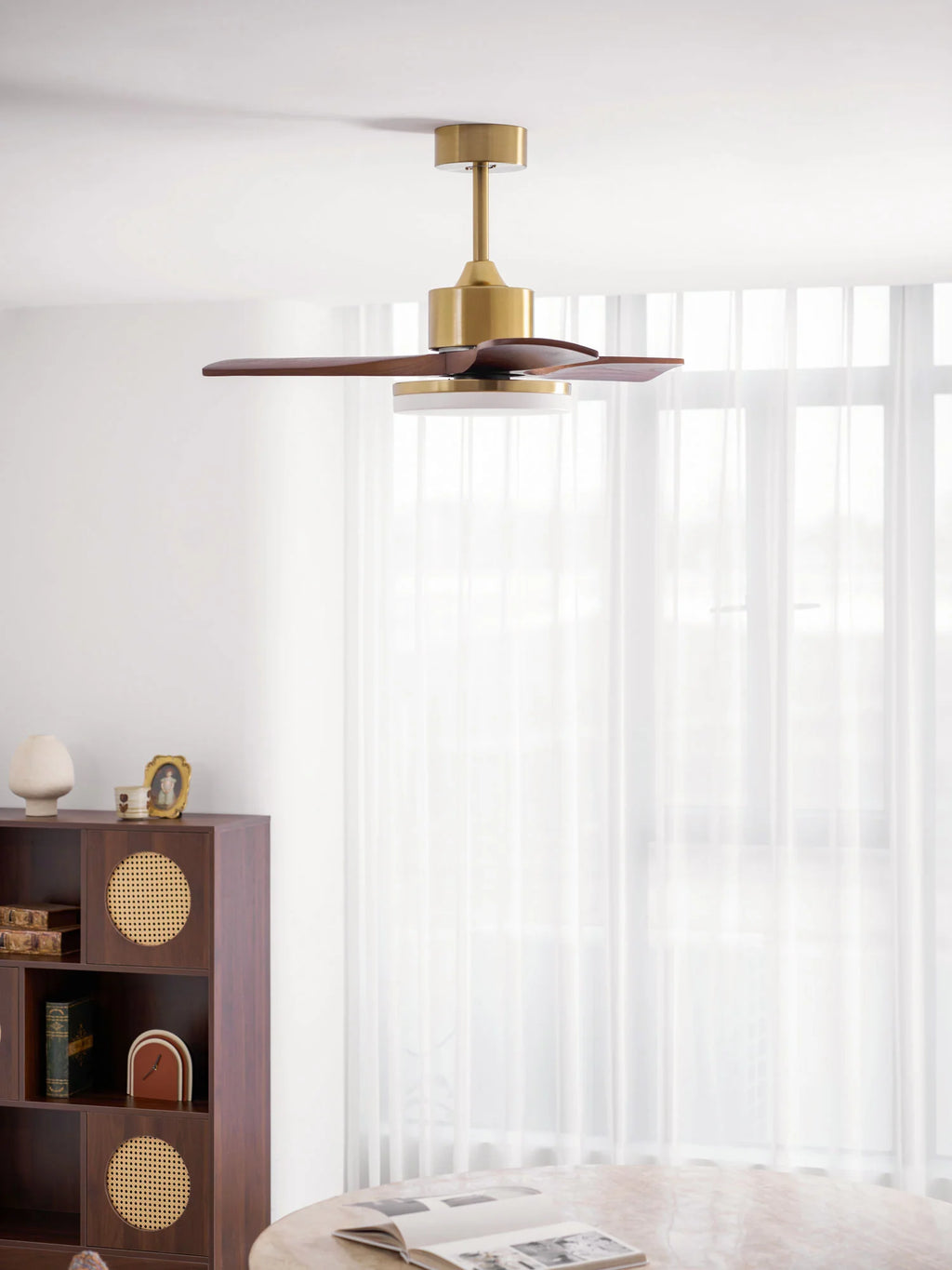 Aurevo Brushed Brass Wood Blade Ceiling Fan Light