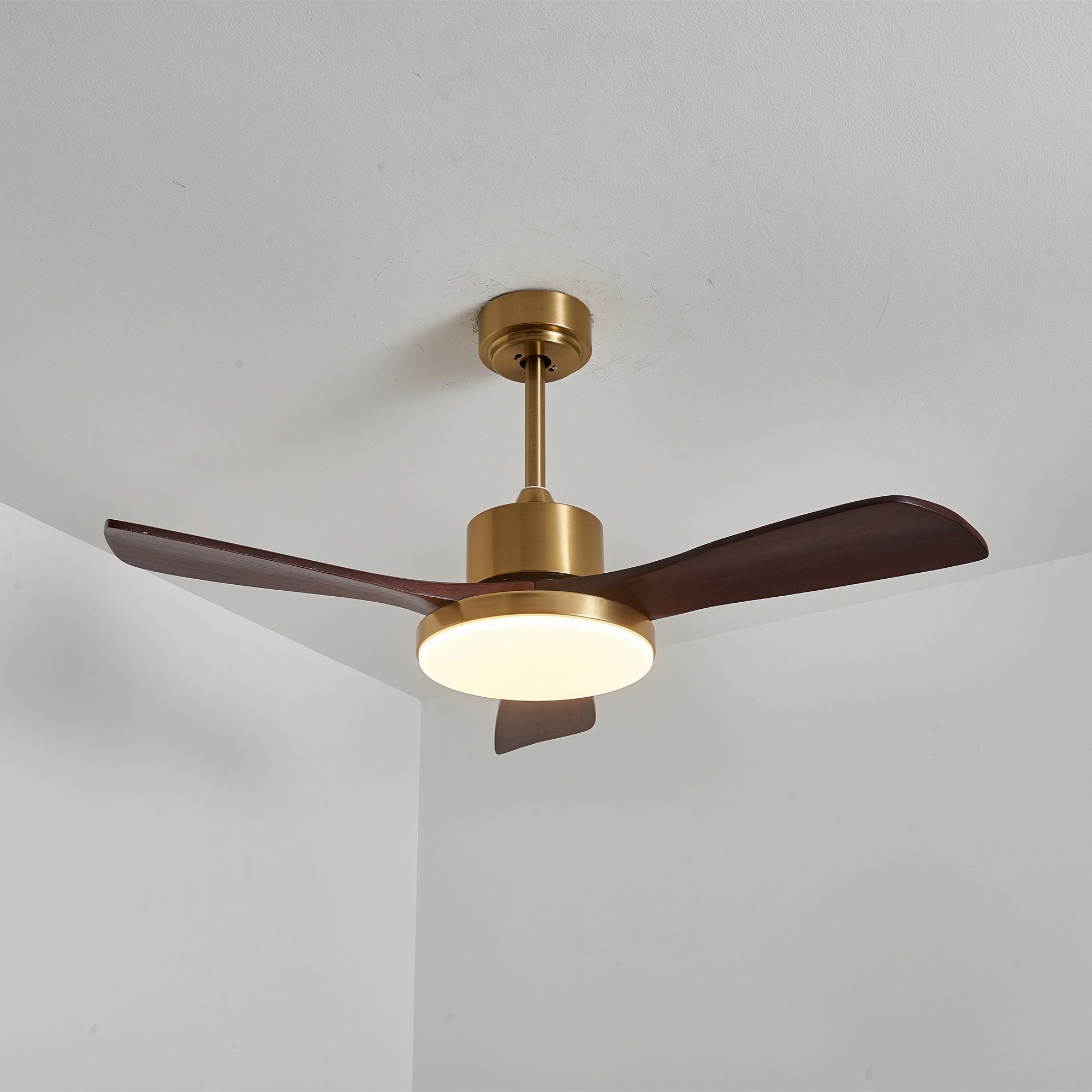 Aurevo Brushed Brass Wood Blade Ceiling Fan Light