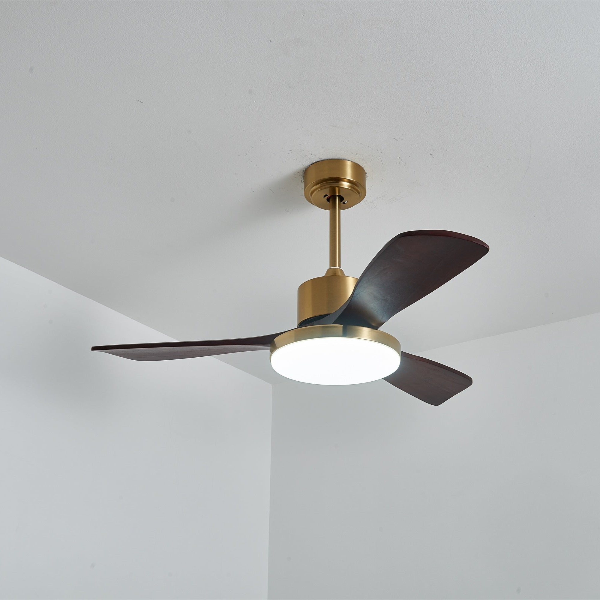 Aurevo Brushed Brass Wood Blade Ceiling Fan Light