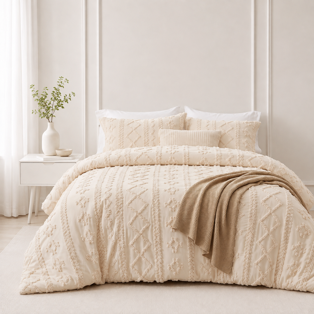 Oatmilk tufted comforter set on a bed