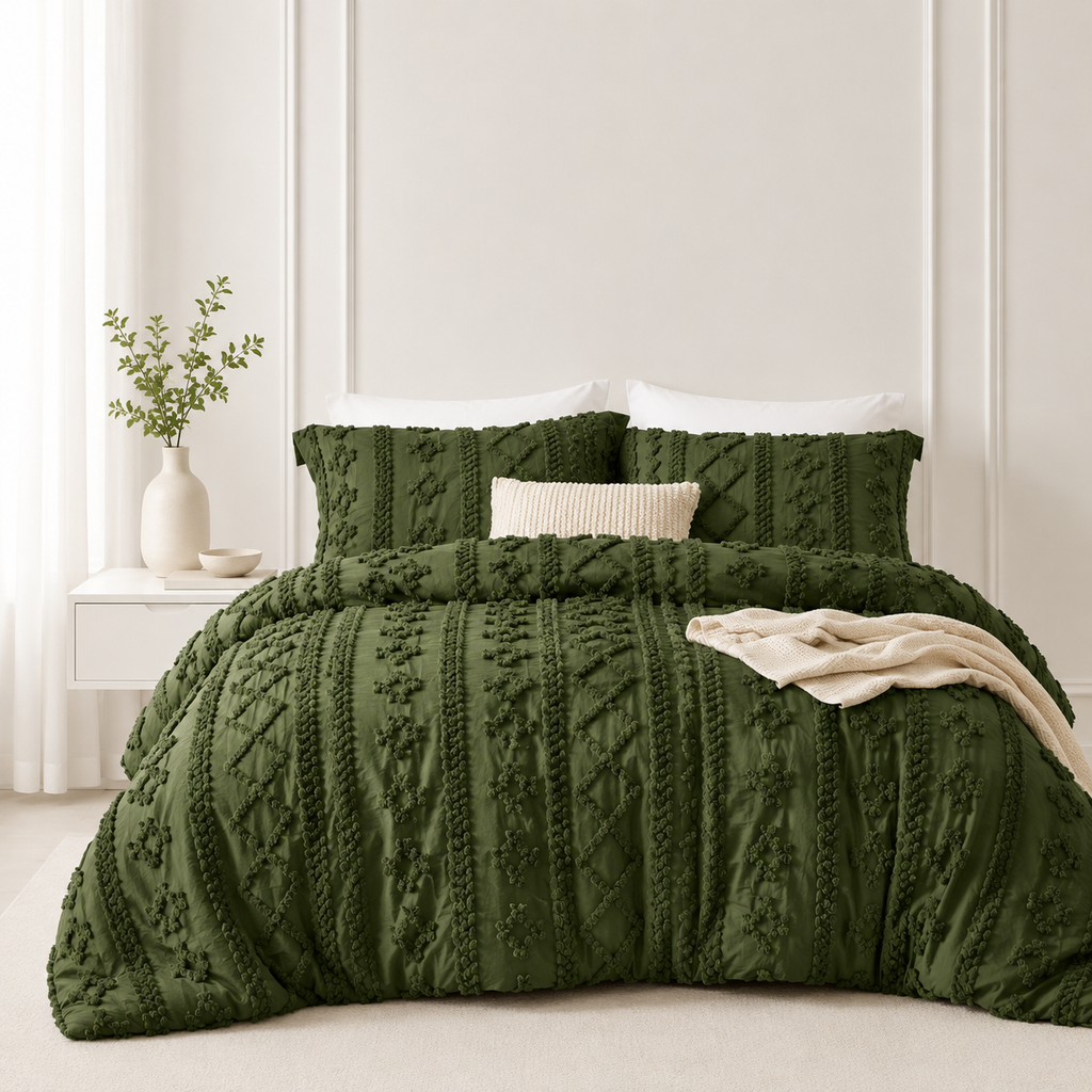 Moody Olive tufted comforter set on a bed
