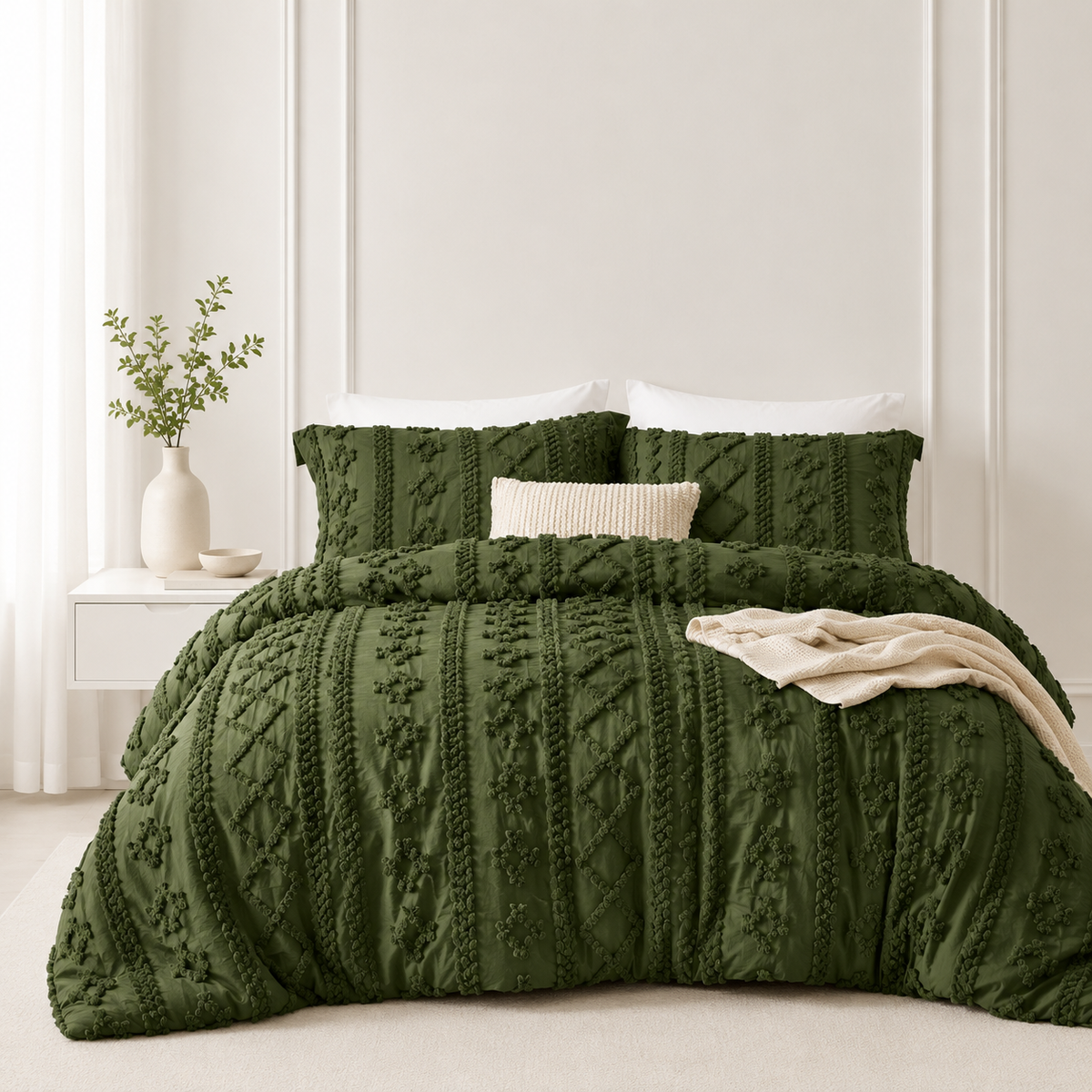 Moody Olive tufted comforter set on a bed