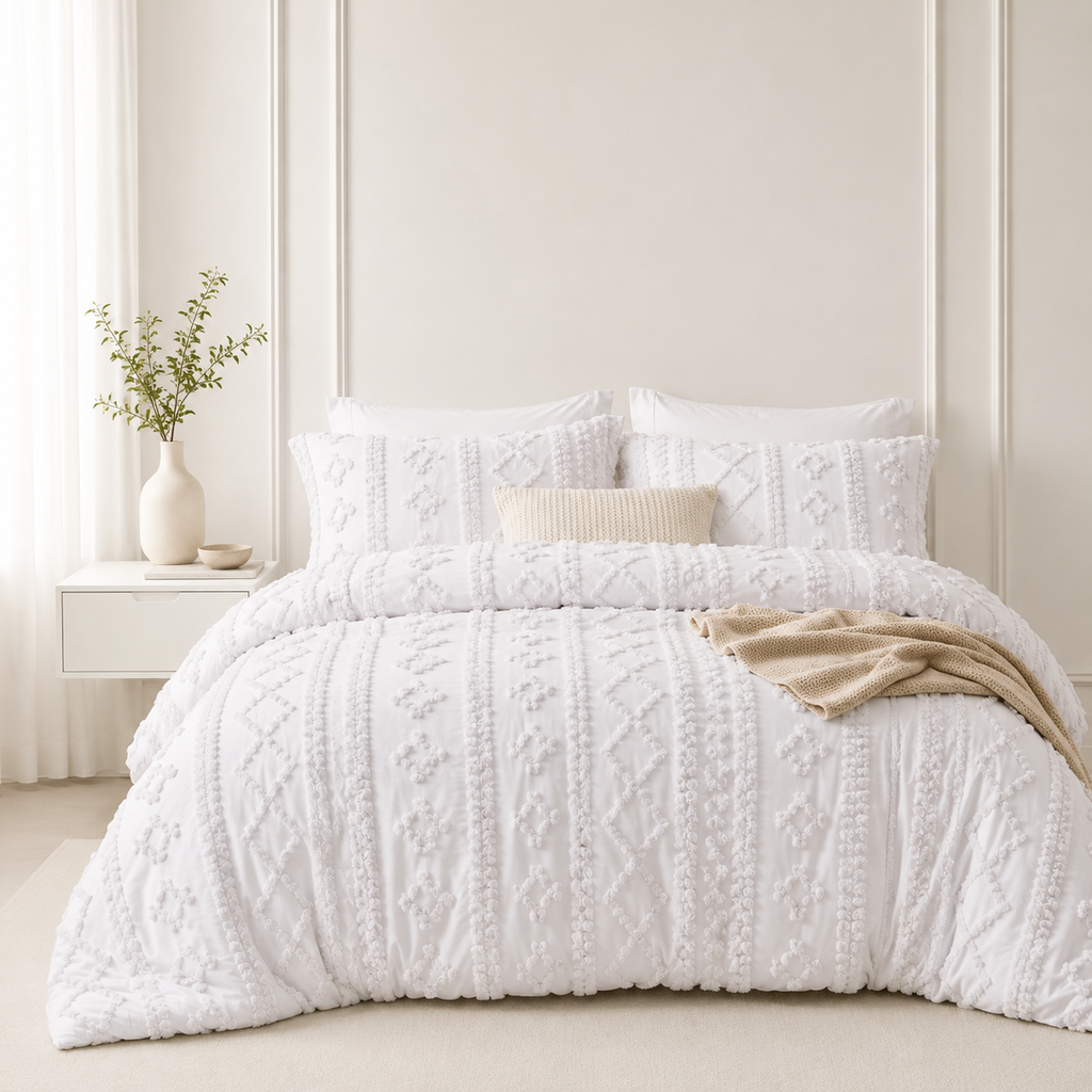 White tufted comforter set on a bed