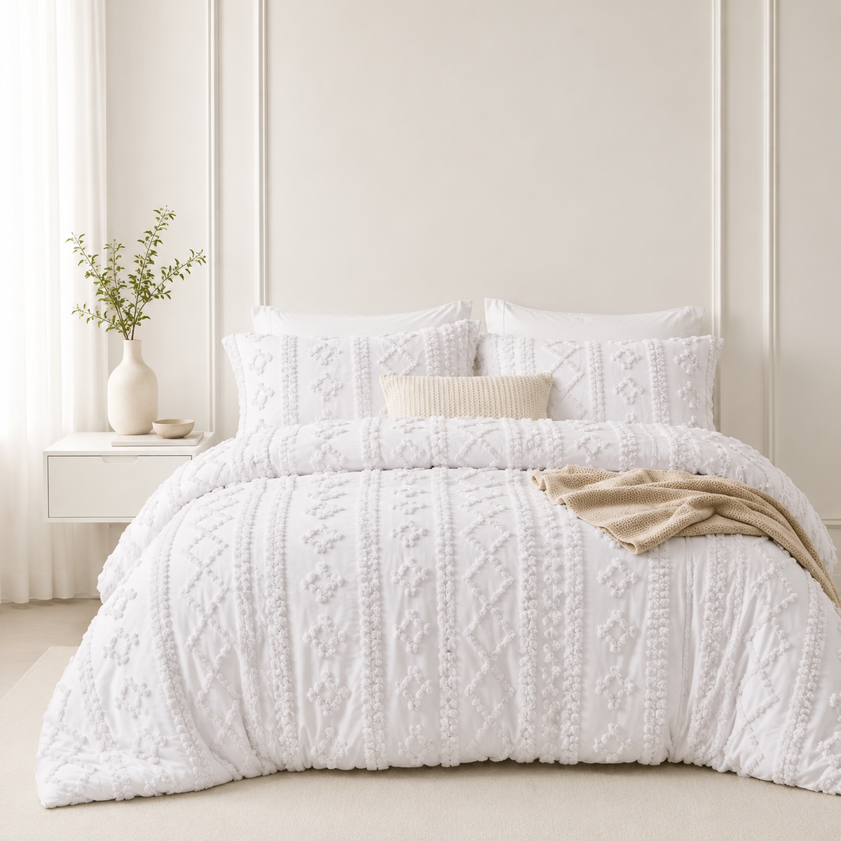 White tufted comforter set on a bed
