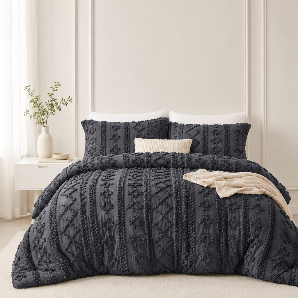 Dark Grey tufted comforter set on a bed