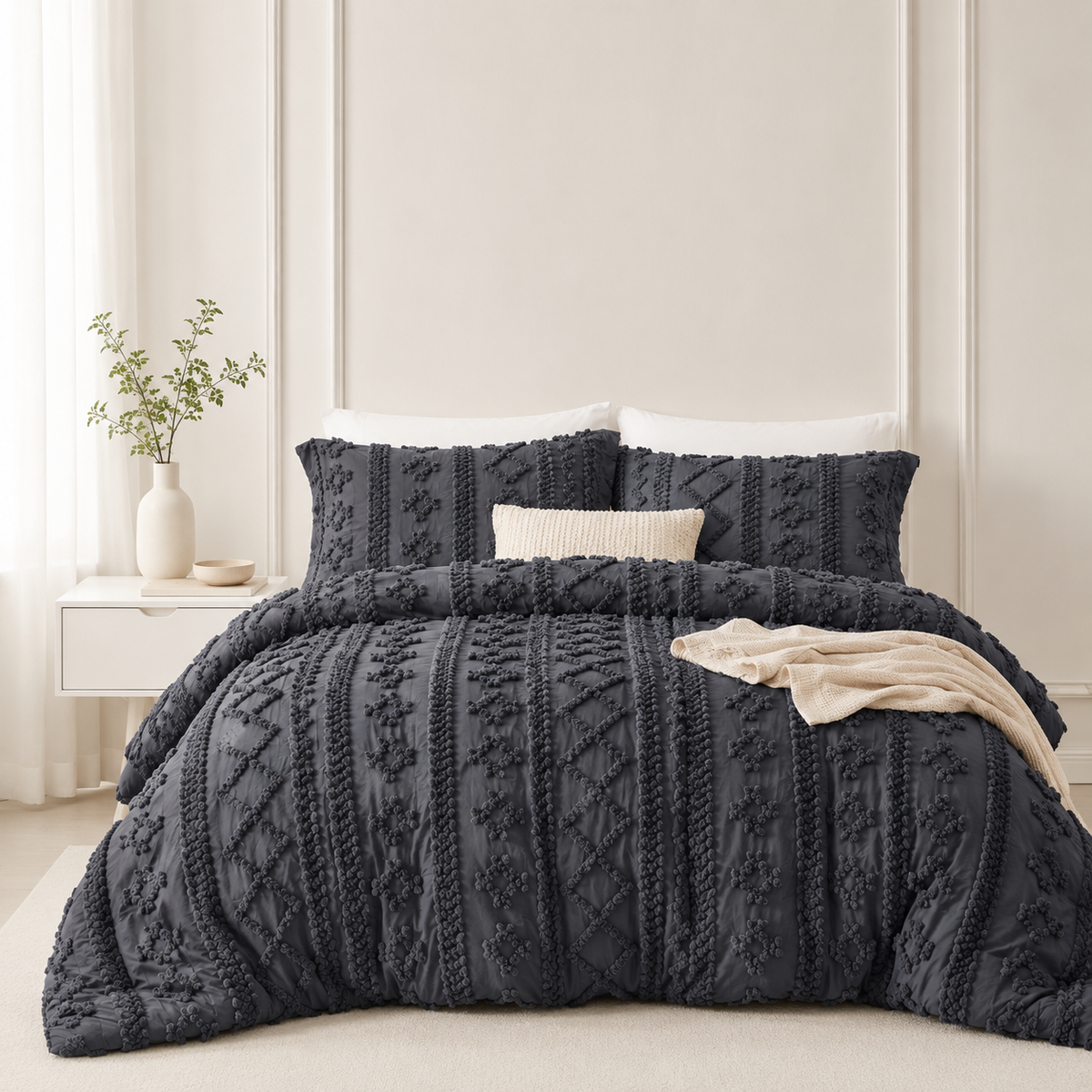 Dark Grey tufted comforter set on a bed
