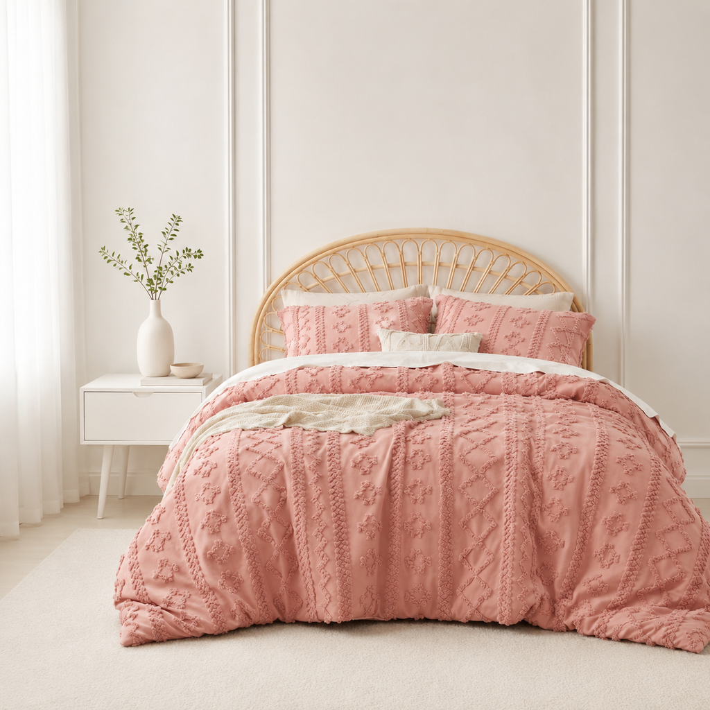 Pink tufted comforter set on a bed