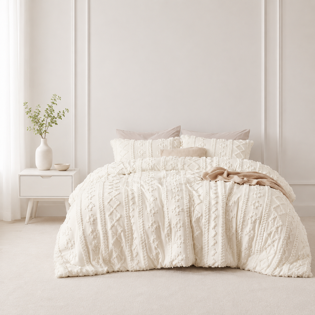 Ivory tufted comforter set on a bed