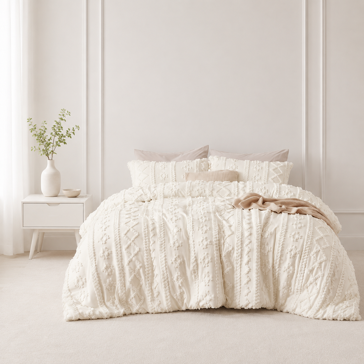 Ivory tufted comforter set on a bed