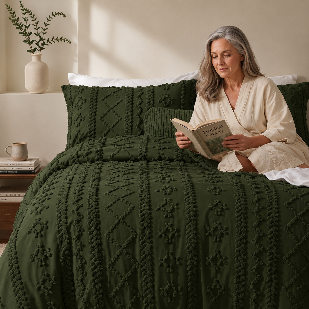 Tufted comforter detail, Moody Olive