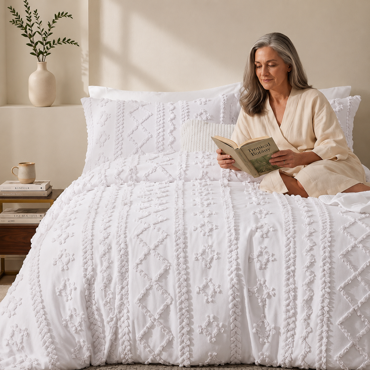 Tufted comforter detail, White