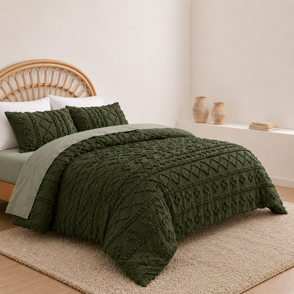 Tufted comforter detail, Moody Olive