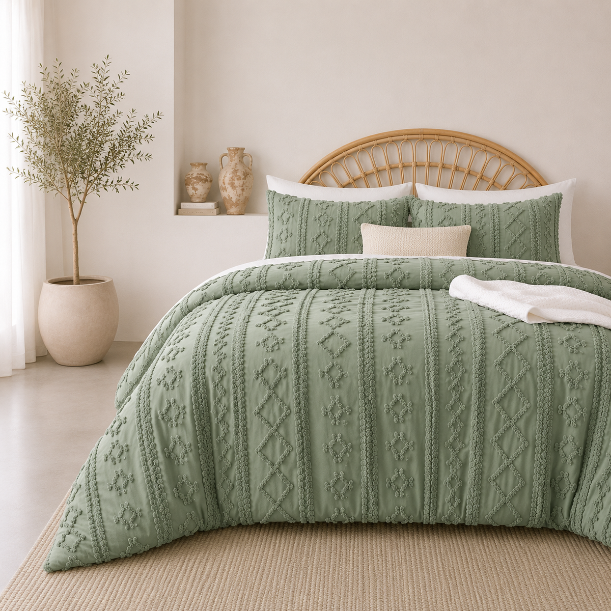 Sage Green tufted comforter set on a bed