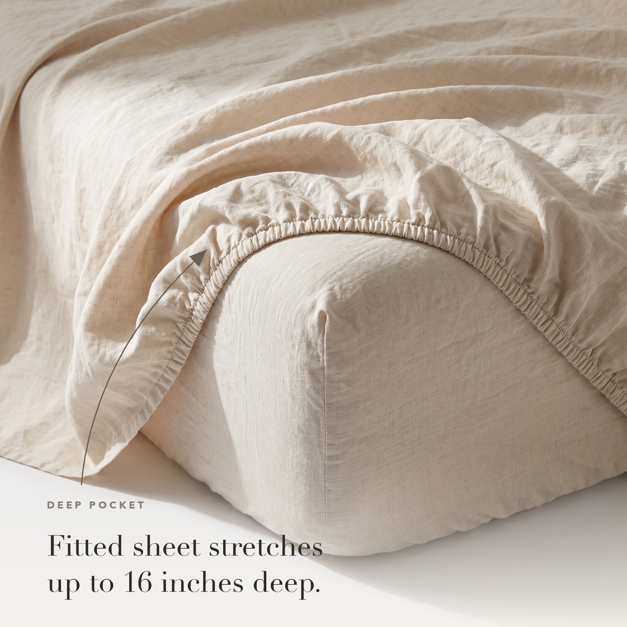 Fitted sheet corner with deep 16 inch pocket and elastic hem