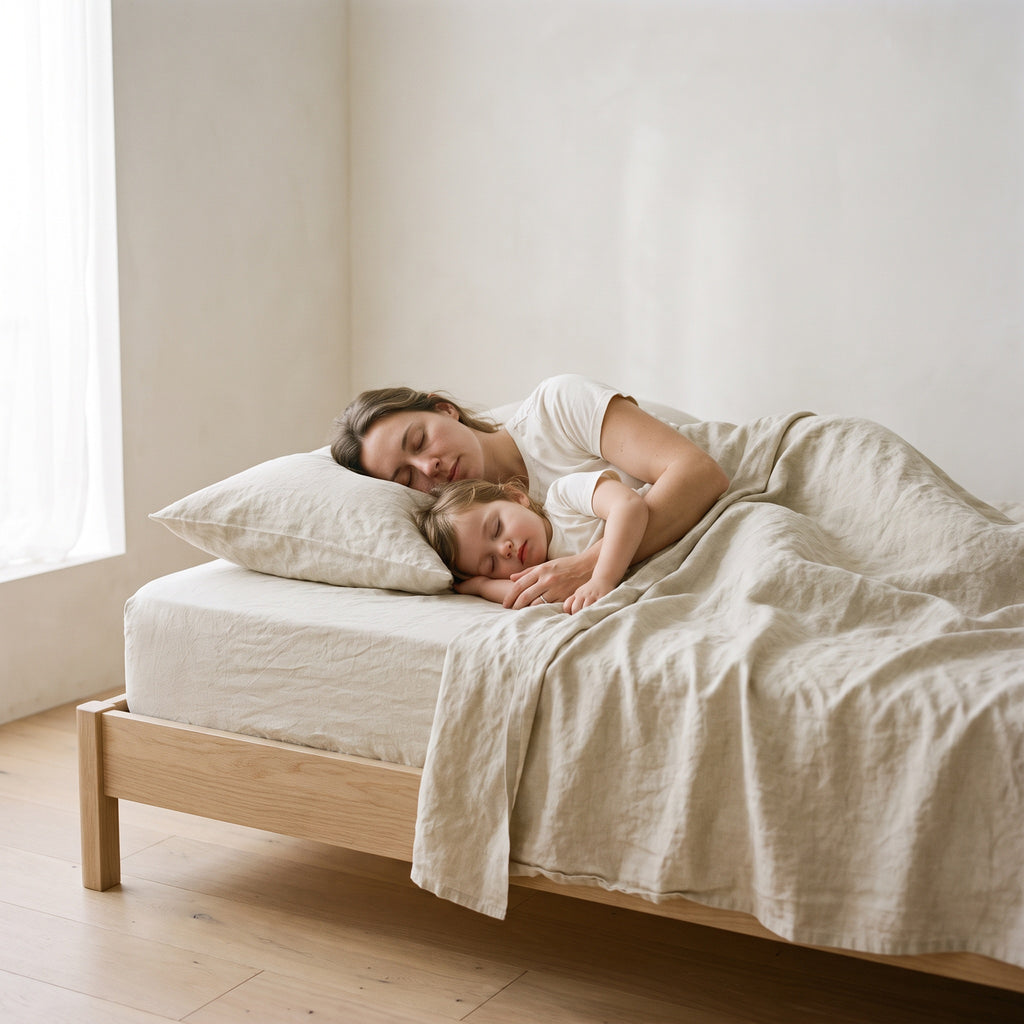 Mother and child asleep in linen bedding