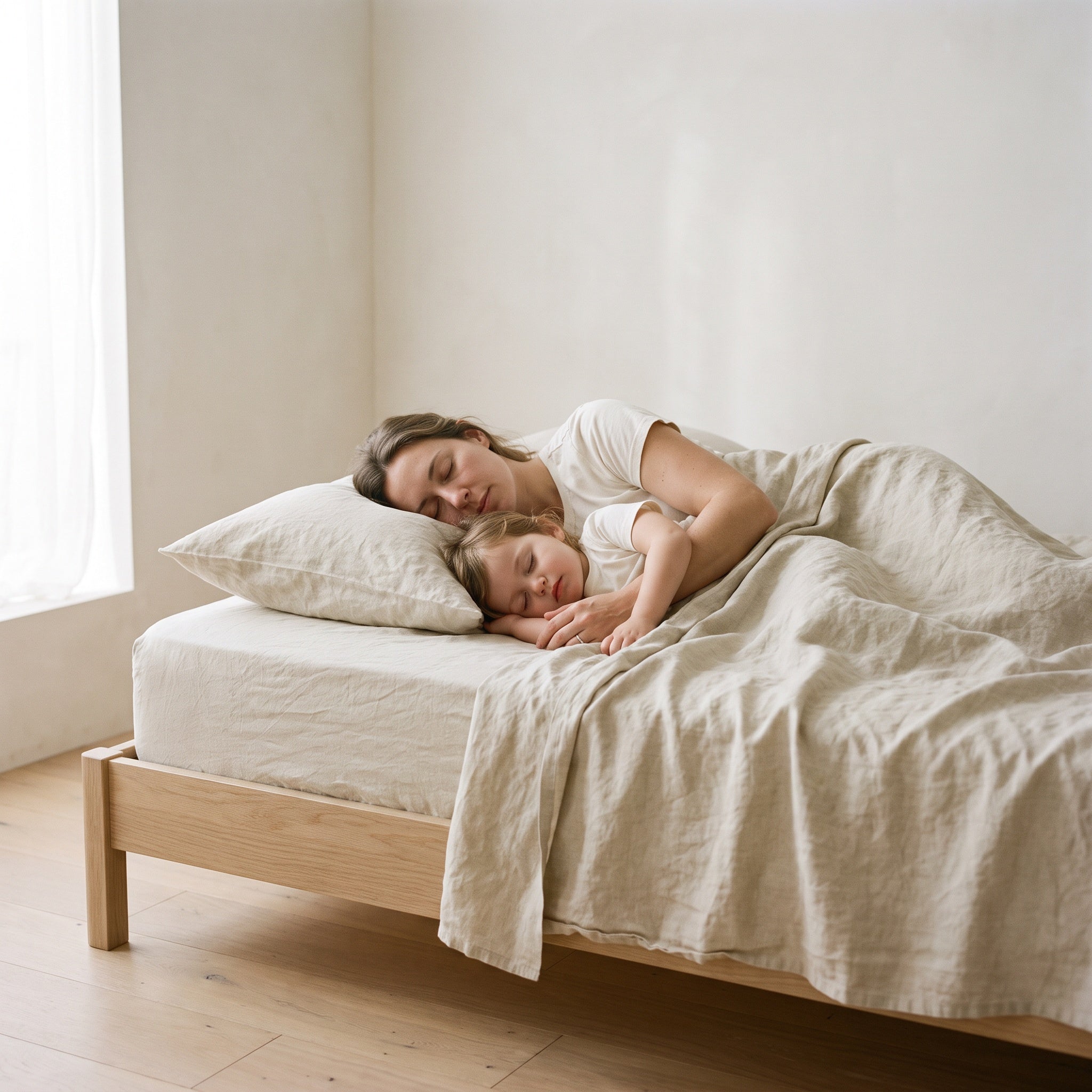 Mother and child asleep in linen bedding