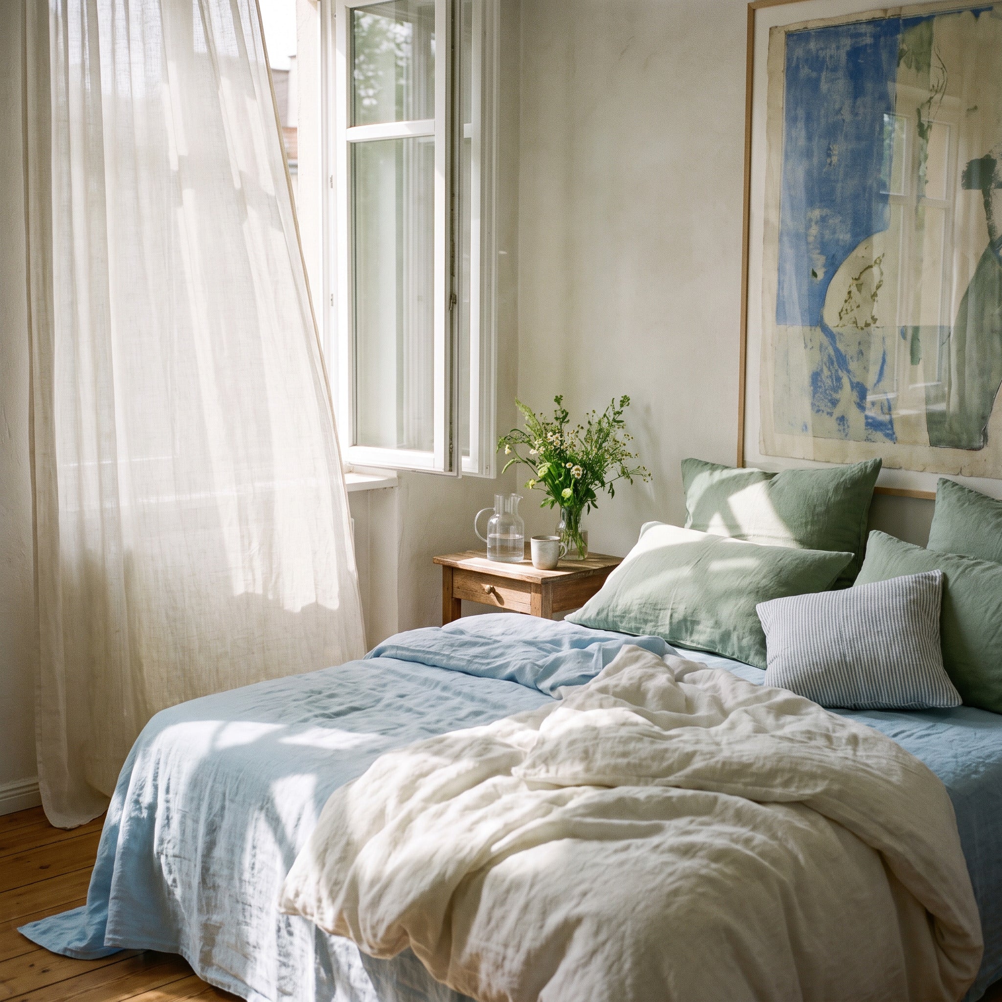 Blue and sage linen bedding by an open window
