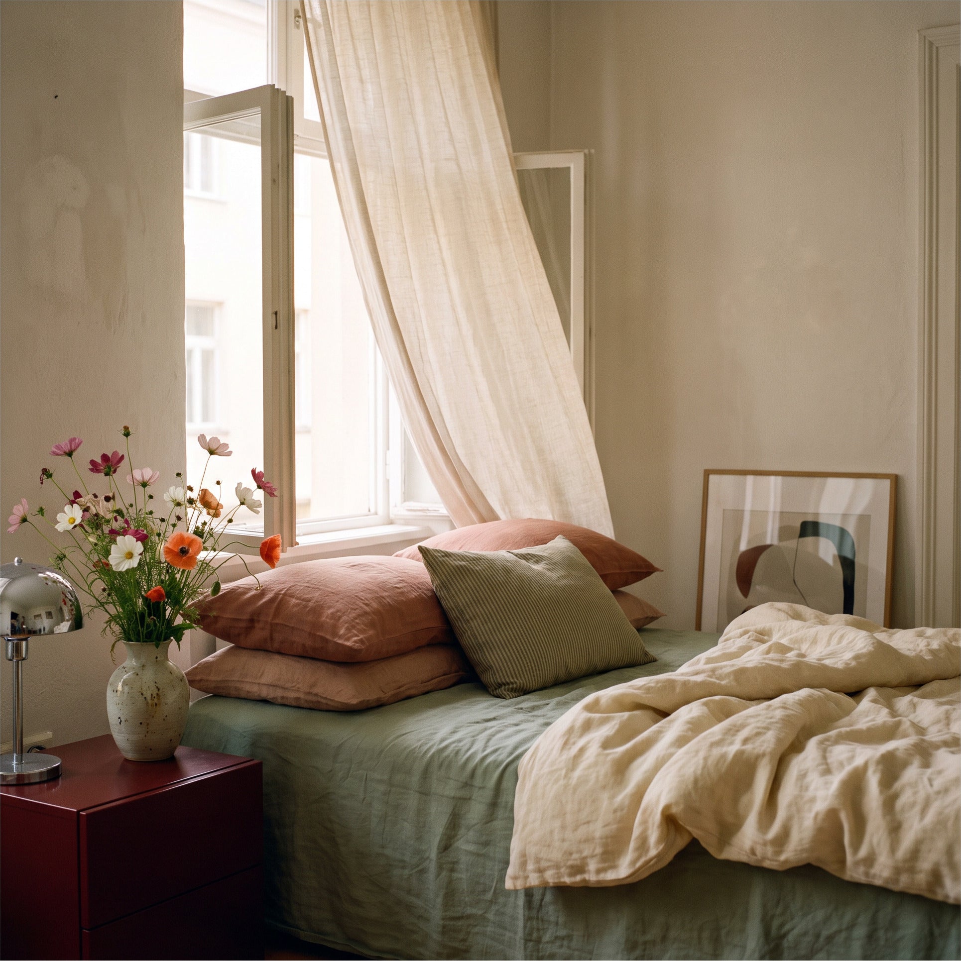 Linen bedding in rose and sage in a sunlit bedroom