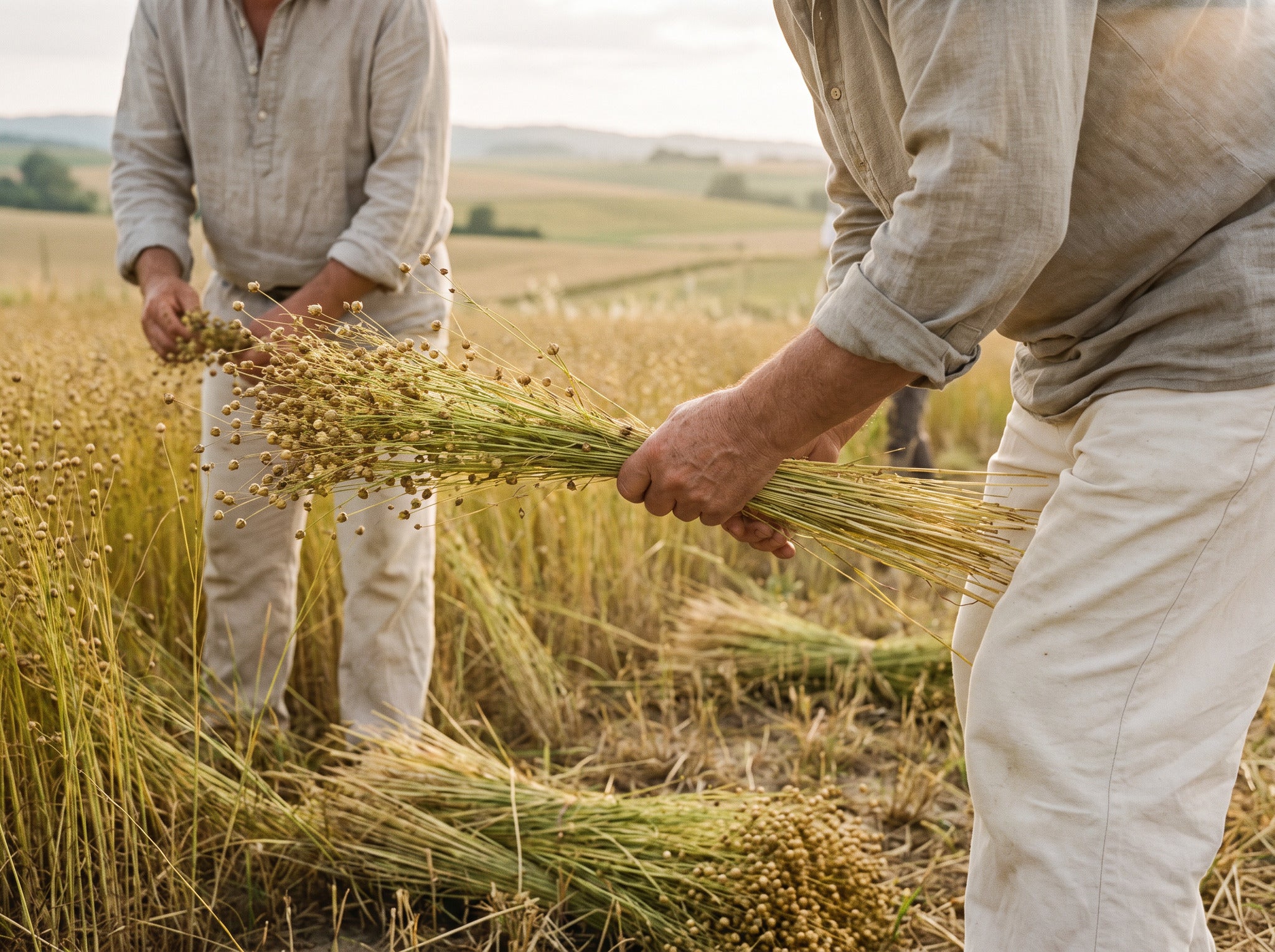 Flax harvested by hand in the field at dusk