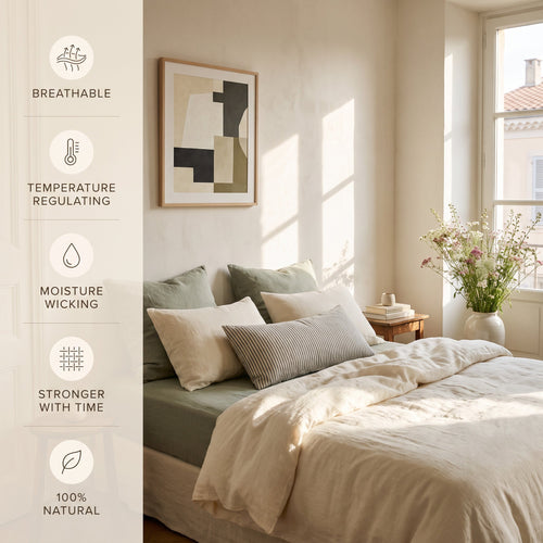 Linen benefits: breathable, temperature regulating, moisture wicking, stronger with time, 100% natural