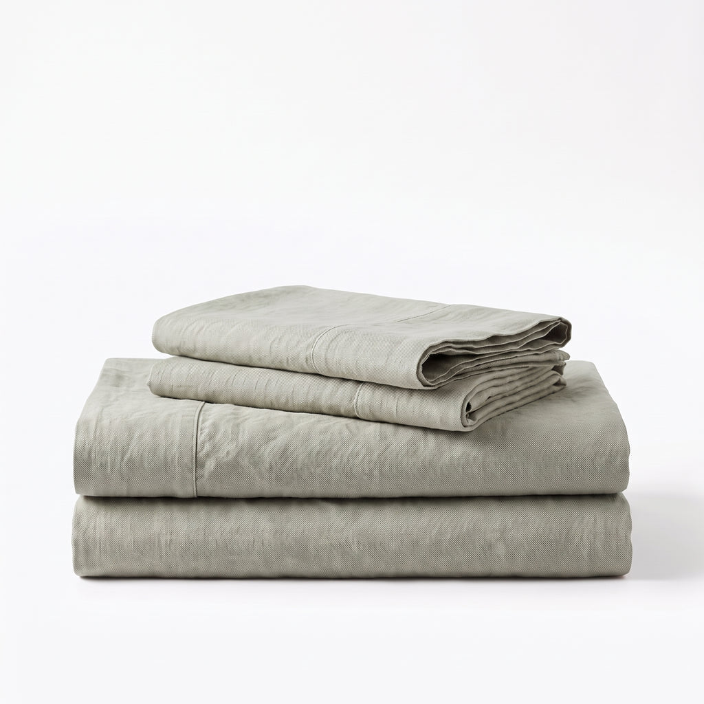 Folded stack of Green European linen sheets