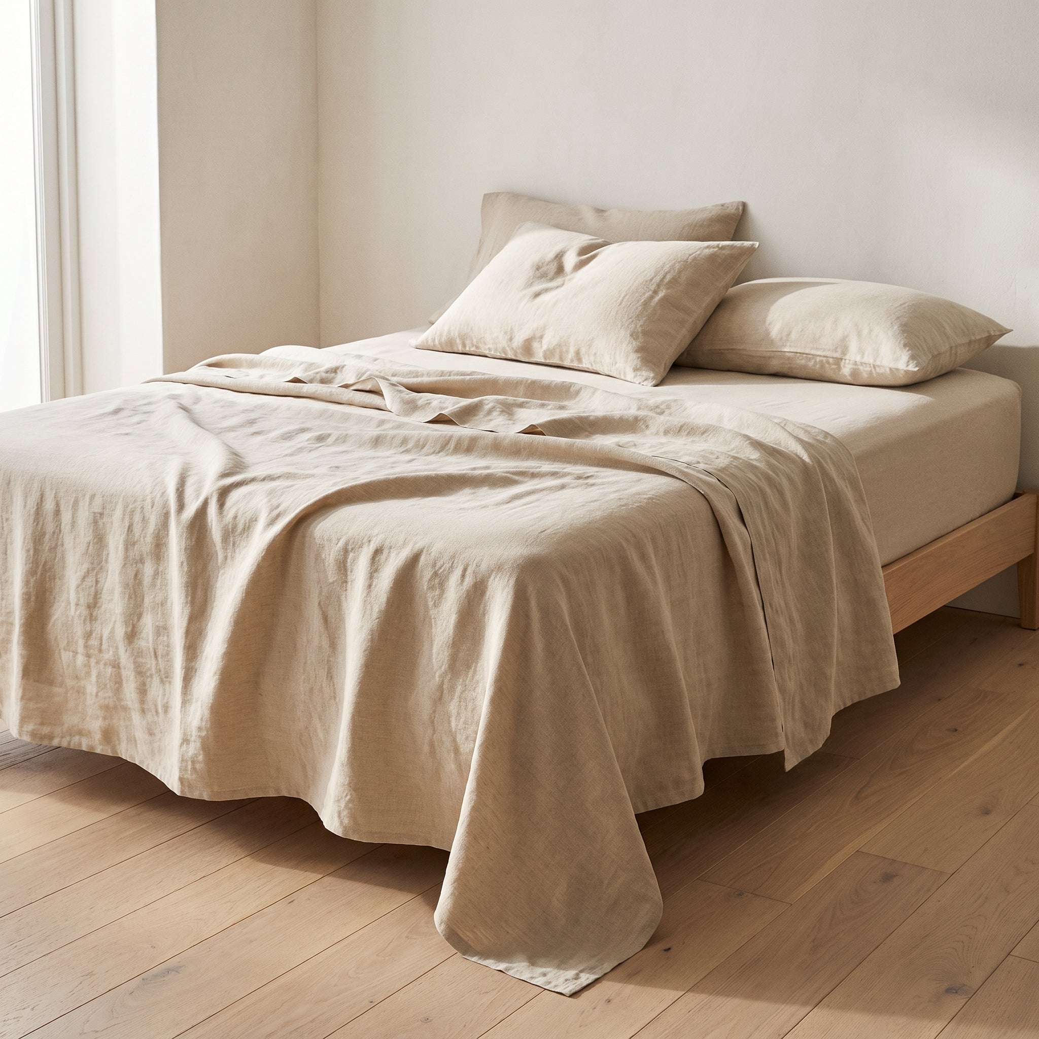 Beige European linen sheet set on an oak bed
