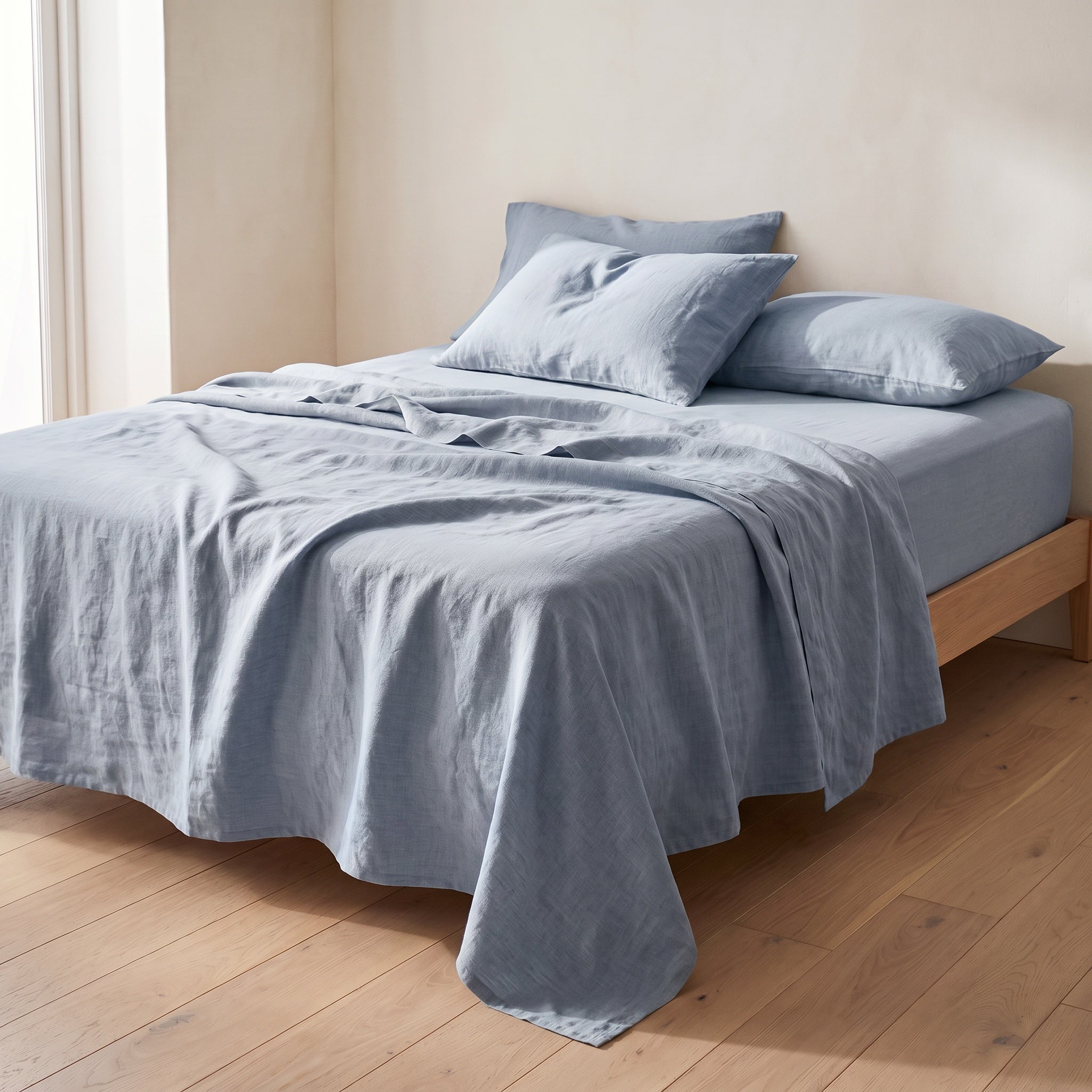 Blue European linen sheet set on an oak bed
