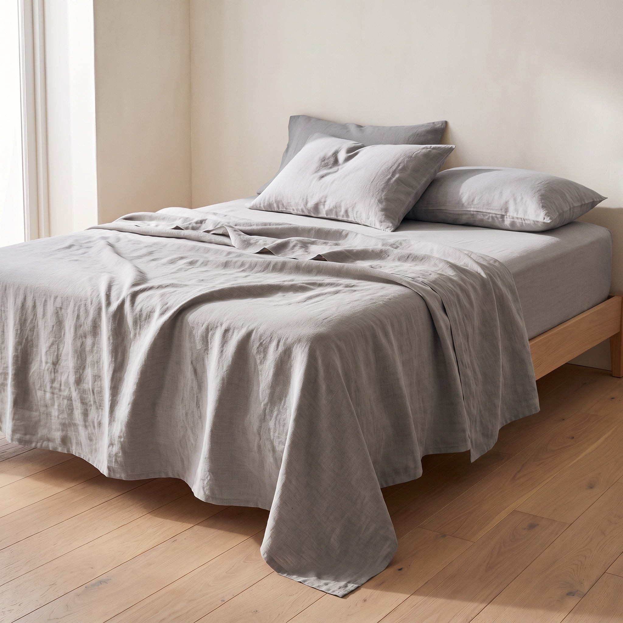 Gray European linen sheet set on an oak bed