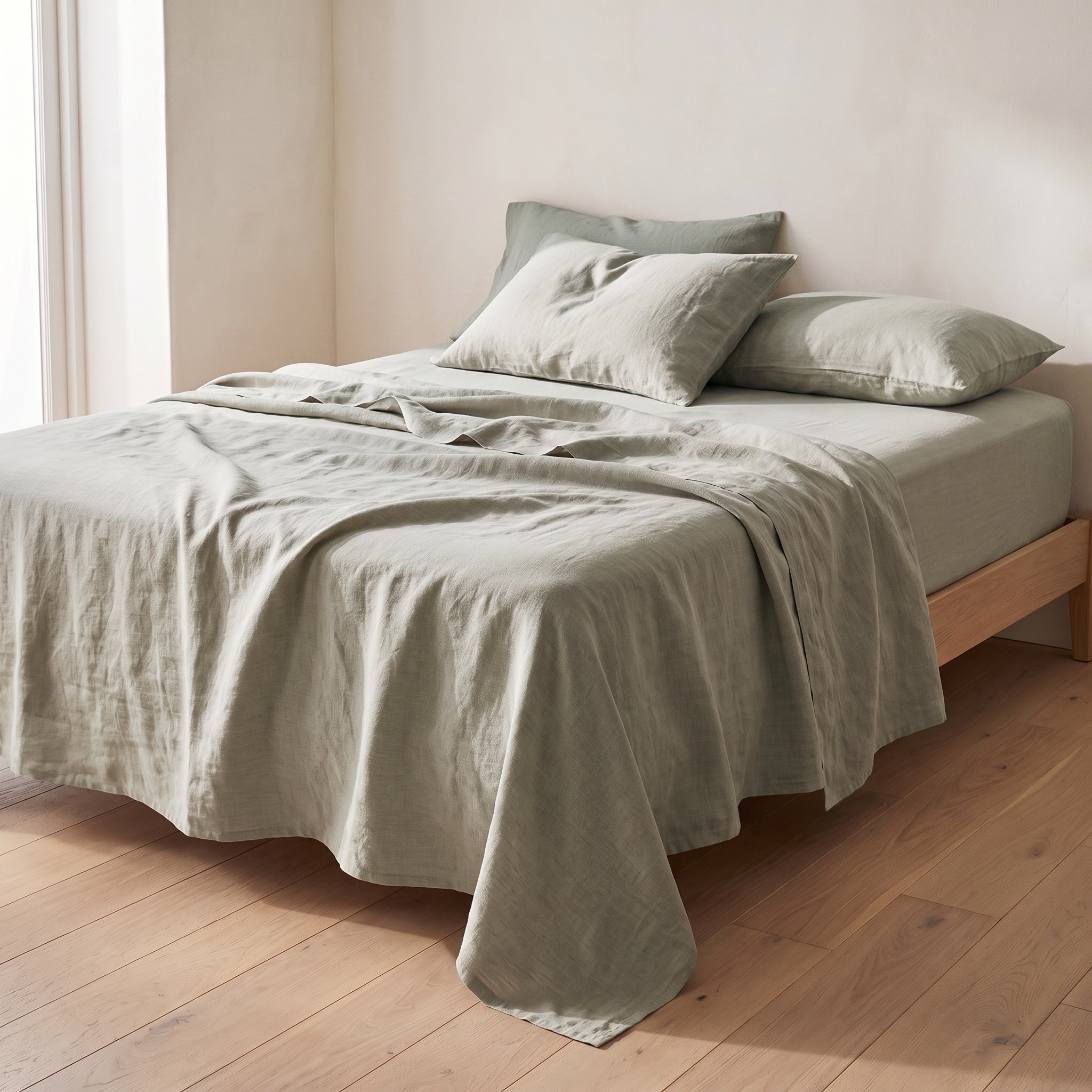 Green European linen sheet set on an oak bed