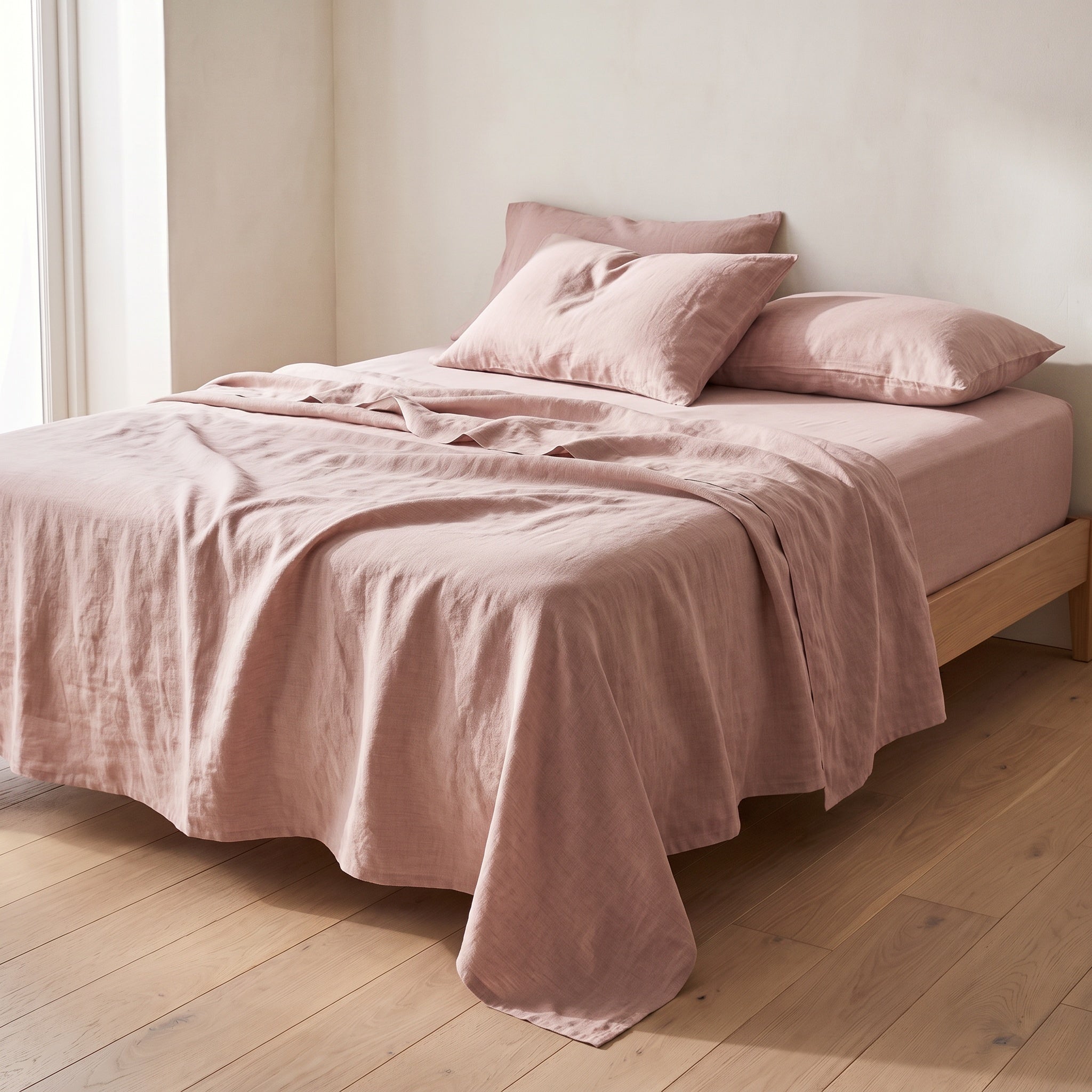 Pink European linen sheet set on an oak bed
