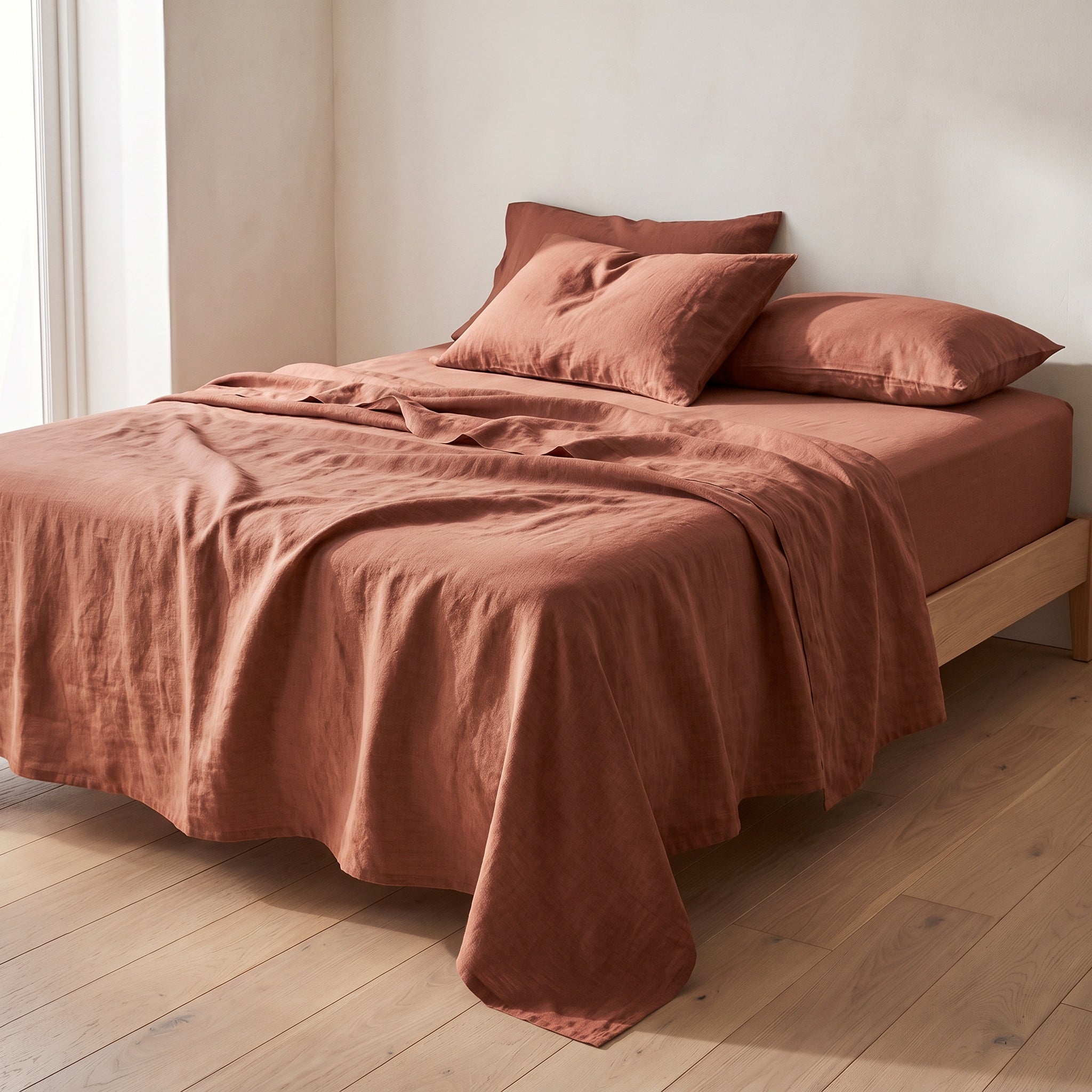 Rust European linen sheet set on an oak bed