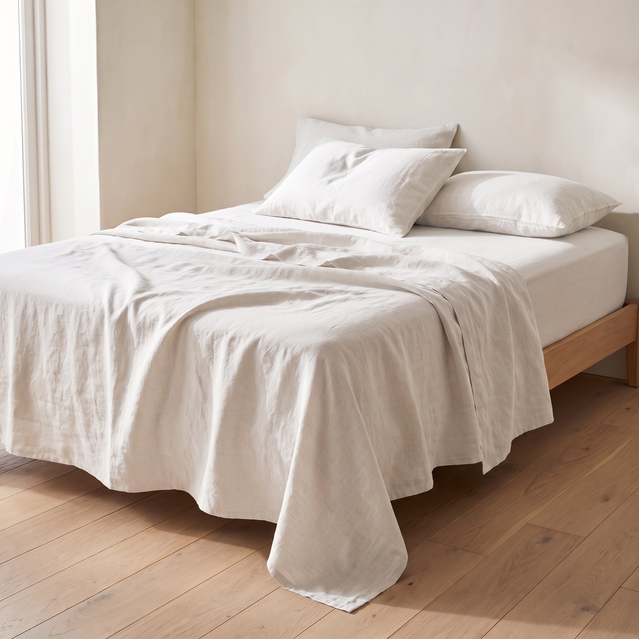 White European linen sheet set on an oak bed