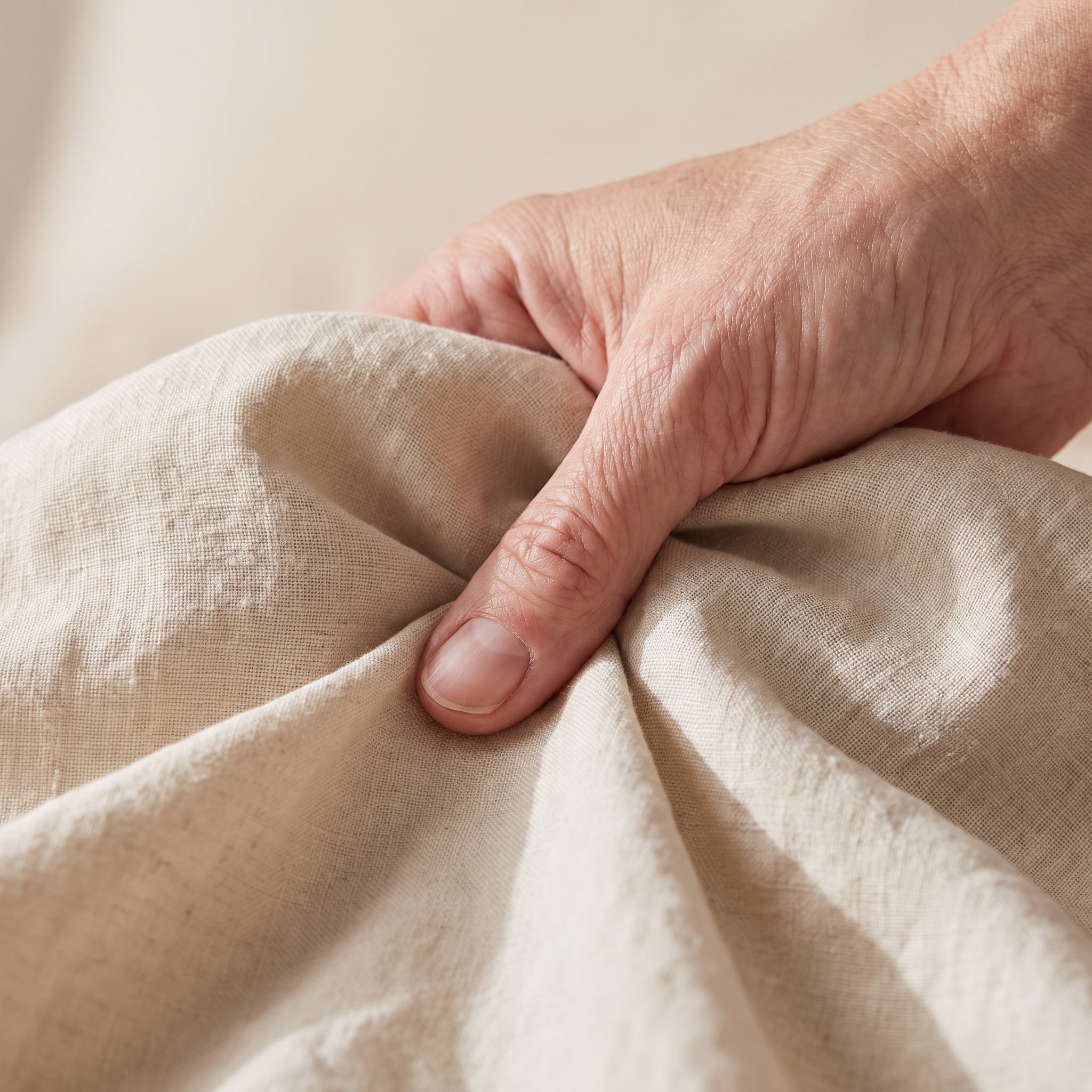 Hand squeezing washed linen fabric