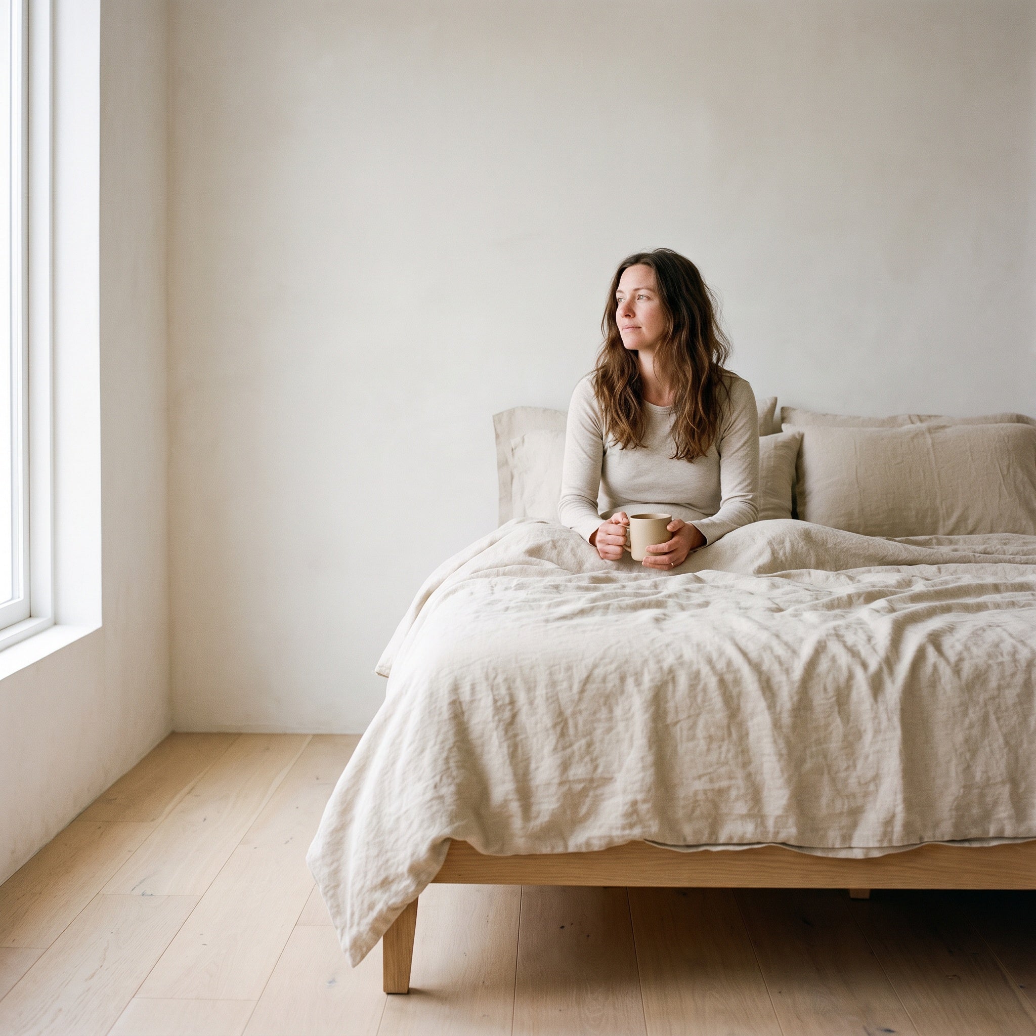 Sitting in bed with coffee on linen sheets