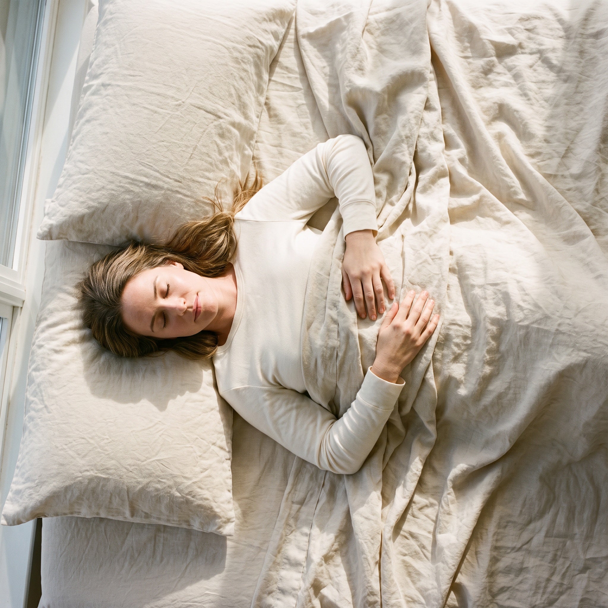 Overhead view of someone resting in linen bedding