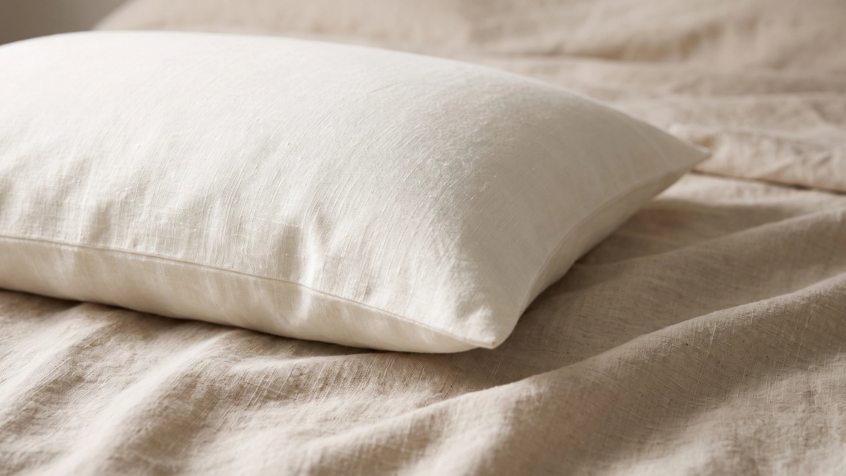 Editorial illustration of a cream linen pillow with visible seam and soft folds