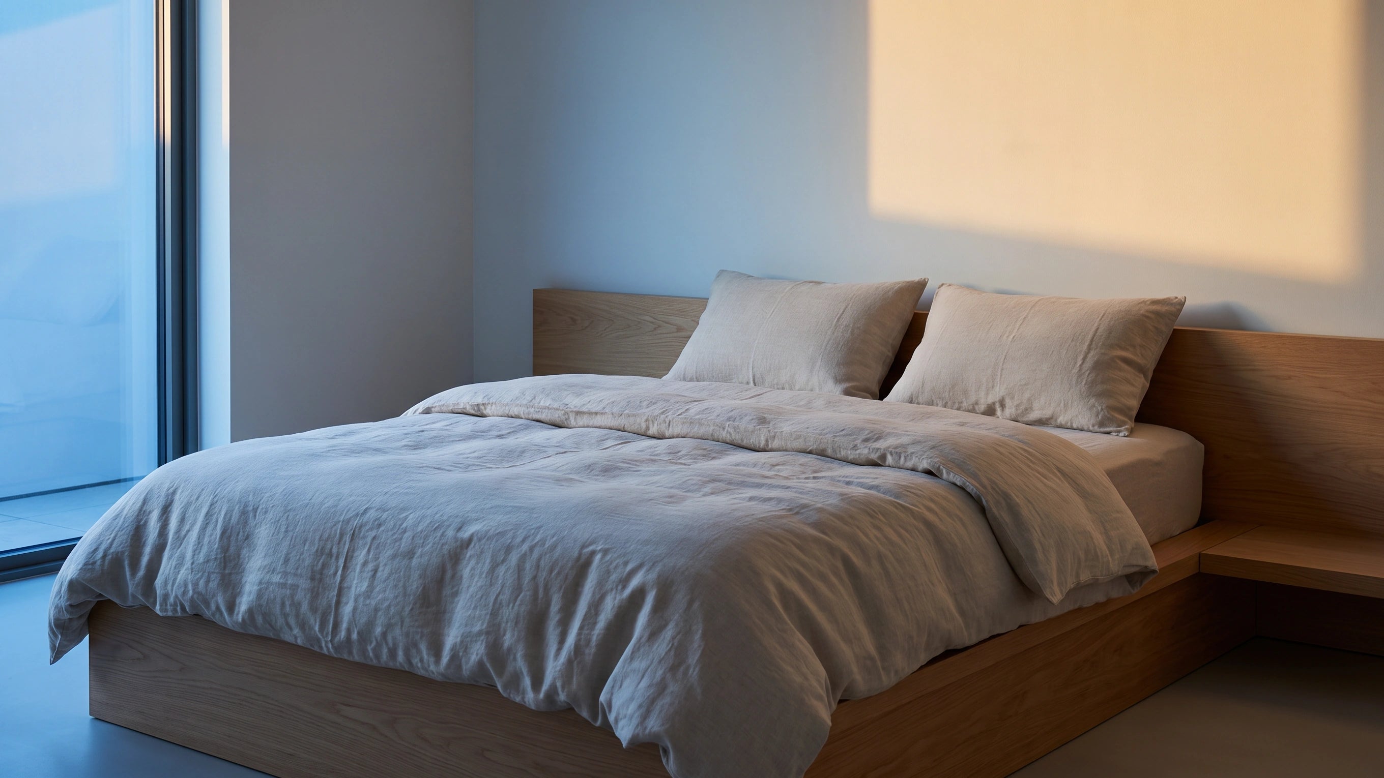 Editorial illustration of an empty minimalist bedroom with blue-hour and warm light, no founder or person